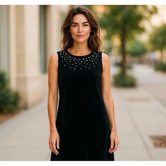 Chico's Size‎ 1 = Standard Sz 8 M Black Velvet Embellished Pearls Crystals Dress - Picture 3 of 6